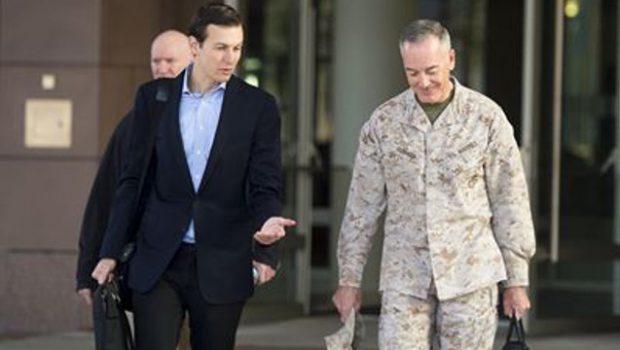 Jared Kushner, senior advisor to President Donald J. Trump, speaks with Marine Corps Gen. Joe Dunford, the chairman of the Joint Chiefs of Staff (by Dominique A. Pineiro via Department of Defense)