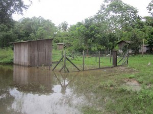 A chicken coop in the village of Miratu, flooded because the Xingu River rose much more than was announced by Norte Energía, the company that built and operates the Belo Monte hydroelectric plant, whose main reservoir is some 20 km upstream from the Juruna community in Brazil’s northern Amazon jungle region. Credit: Mario Osava/IPS