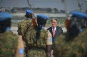 António Guterres has traveled to Africa, Europe and the Middle East since becoming UN secretary-general in January 2017. He arrives at the Mogadishu airport in Somalia, above, on March 7, 2017. TOBIN JONES/UN PHOTO