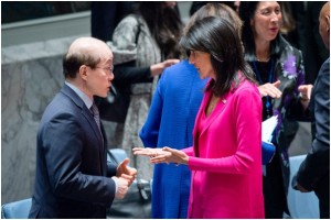 Nikki Haley, the American ambassador to the UN, with Liu Jieyi, China’s ambassador, before the April 18 Security Council meeting focused solely on human rights. Credit: Rick Bajornas /UN Photo