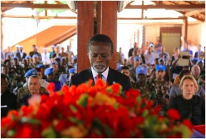 A memorial service for a UN peacekeeper, Corp. Khalid El Hasnaoui of Morocco, April 20, 2016, in the Central African Republic. Parfait Onanga-Anyanga, above, leads the mission there. Credit: UN PHOTO