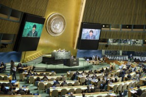 Evo Morales Ayma (shown on screens), President of the Plurinational State of Bolivia. Credit: UN Photo/Manuel Elias