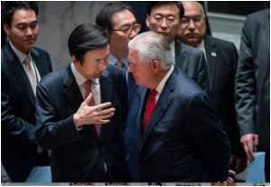 Rex Tillerson, US secretary of state, right, who presided over the UN Security Council session on North Korea’s nuclear threats, with Yun Byung-se, his South Korean counterpart, April 28, 2017. Tillerson demanded that all UN member states must abide by UN sanctions on North Korea. Credit: RICK BAJORNAS/UN PHOTO