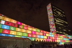 The UN's 17 Sustainable Development Goals are projected onto UN headquarters. UN Photo/Cia Pak