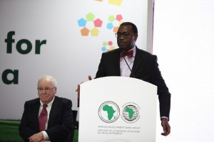 AfDB President Akinwumi Adesina adressing delegates at the nutrition event while Ambassador Kenneth Quinn, World Food Prize Foundation, listens. Credit: Friday Phiri/IPS