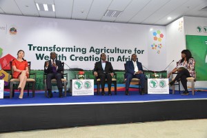 A panel discussion on Africa-Asia partnerships featuring AFDB Group President Akinwumi Adesina, Benin President Patrice Talon, Vice President of Cote d'Ivoire Daniel Kablan Duncan and Hellen Hai of Made in Africa Initiative. Credit: Friday Phiri/IPS