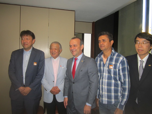 Yohei Sasakawa (2nd-L), president of the Nippon Foundation, accompanied by two members of his delegation, took part in a meeting with Congressman Helder SalomÃ£o (C), chair of the Human Rights Commission of the Brazilian Chamber of Deputies, who pledged to support initiatives to eliminate leprosy in his country. Faustino Pinto (2nd-R), national coordinator of the Movement for the Reintegration of Persons Affected by Hanseniasis (MORHAN), also participated. Credit: Mario Osava/IPS
