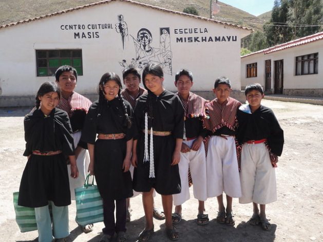 Indigenous schoolchildren standing in front of the Miskhamayu school in an isolated part of Bolivia's Andes highlands. Many students walk 12 km or more every day, along steep roads and trails from their remote villages, to get to school. Credit: Marisabel Bellido/IPS
