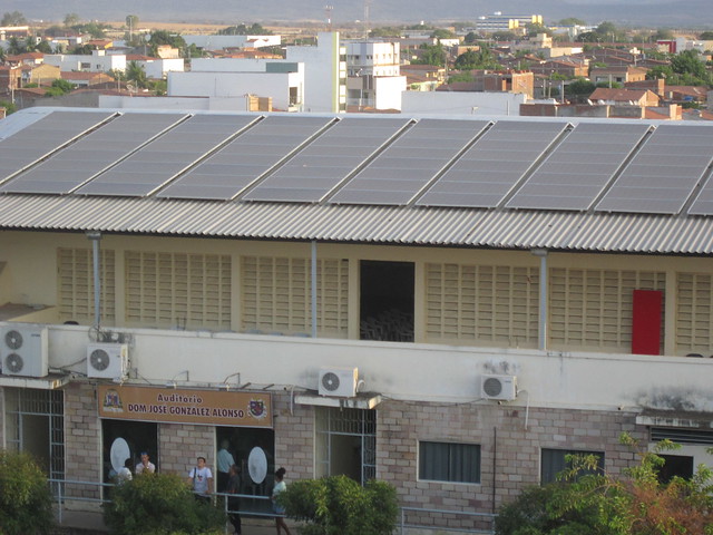 Solar panels were installed on the roof of the building of the Catholic Archdiocese in the city of Sousa, which houses administrative offices, an auditorium and a sports field. The electricity generated allows the "solar archdiocese" - as it has been dubbed - to save almost all energy costs and thus expand its social work in the municipality of 70,000 inhabitants in Brazil's Northeast region. CREDIT: Mario Osava/IPS