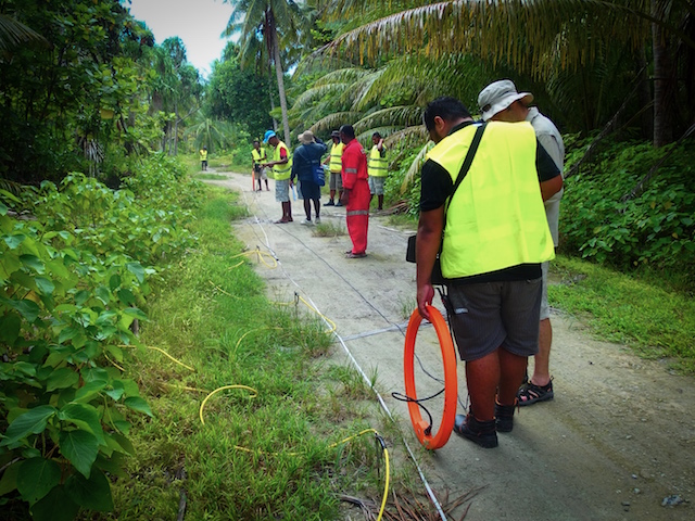 Staff of Tuvalu's Public Works Dept conduct geophysical surveys to identify the thickness of underlying freshwater lens to determine the potential for groundwater development. Courtesy: Pacific Community